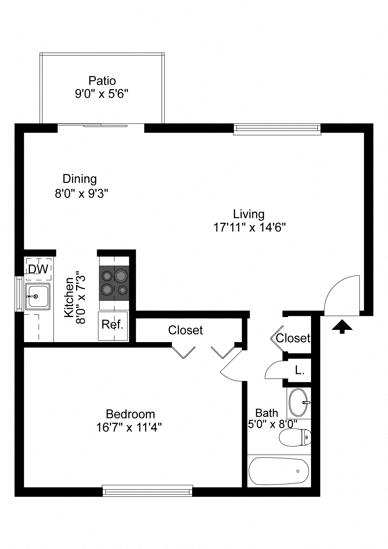 Floor plan for 1 bed, 1 bath, 760 sqft